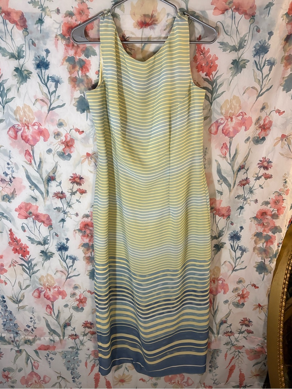 Vintage Sleeveless Yellow and Blue Striped Women’s Dress